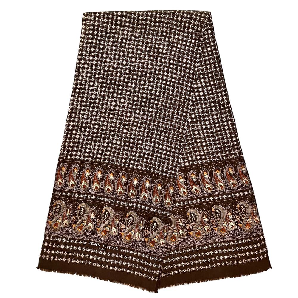 Jean Patou Paris Vintage Earth-Tone Paisley Long Rectangle Fringe Silk Scarf